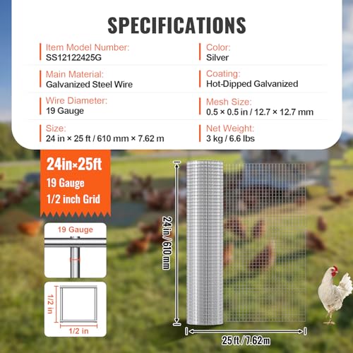 VEVOR Hardware Cloth, 1/2 inch 24in x 25 ft 19 Gauge, Hot Dipped Galvanized Wire Mesh Roll, Chicken Wire Fencing, Wire Mesh for Rabbit Cages, Garden, Small Rodents - size: 24'' x 25'
