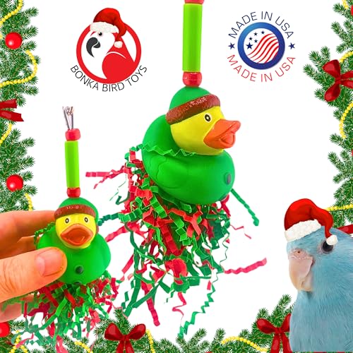 Bonka Bird Toys 2726 Christmas Elf Duck 7" x 4" Crinkle Paper and Vine Holiday Foraging Toy for Small to Medium Birds Cage Hanging Lovebirds, Conures, Parakeets, and Similar