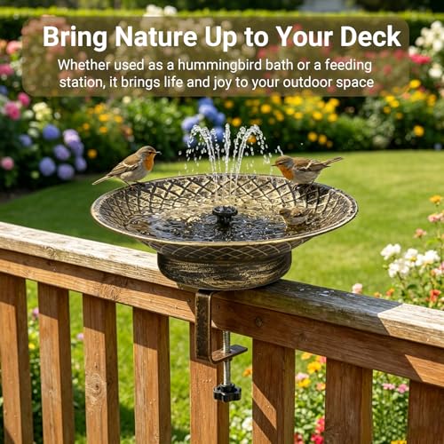 Solar Bird Bath for Deck Railing, 12.6“ Metal Solar Powered Bird Bath | Bird Bath Fountain with Bubbler, 3.5” Adjustable Clamp for Balcony & Patio, 2-in-1 Deck Bird Feeder for Garden Yard, Gold - color: Gold