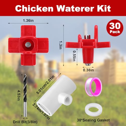 30 Sets Chicken Waterer Kit, Horizontal Leakproof Chicken Water Nipples | This 30-set automatic chicken waterer includes durable chicken water nipples, gaskets, tape, and drill bit.