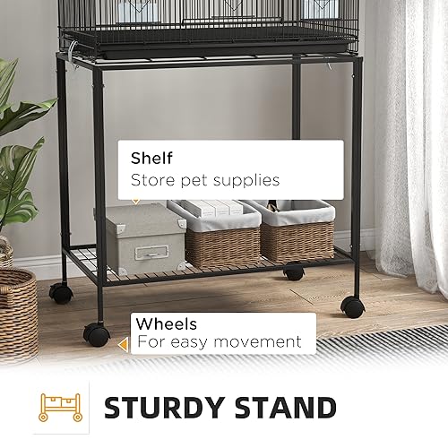 PawHut Double Stackable Bird Cage with Stand for Canaries, Lovebirds | Wooden Swing, Rope Ladder & Wheels, Budgie Cage, Storage Shelf, Removable Tray, Wooden Perches & Food Containers, Finches