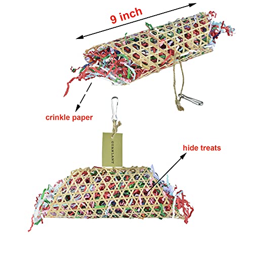 4 Pack Bird Foraging Shredder Basket Toy Parakeet Cockatiel Paper Cage Chew | Conures Cage Climbing Foot Toys with Bell,Parrot Chewing Beads,Bamboo Basket,Birdcage Hanging Treats Feeder Toy,Refillable