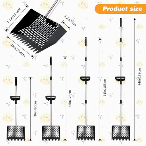 Rypet Chicken Poop Scooper & Rake 2-in-1, 36-74 in Stainless Steel Handle | 10-Inch Sifting Scoop, Sifting Holes with Side Rims, Long Handle Helps Reduce Bending, Rinses Clean, Wall Clip Storage