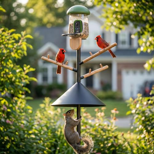 LONA 105 Inch Bird Feeder Pole for Outdoor, Squirrel Proof, 5-Prong Base | Adjustable 0.9” Dia Bird House with Mount Kit,Heavy Duty Stand with 6 wooden Hooks, Suit for Various Feeders, Black, 1 Pack