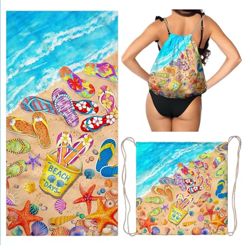 Flip Flops Beach Towel Bag 2 in 1 Colorful Summer Pool Blanket Convertible Drawstring Bag - color: Flip Flops Colorful