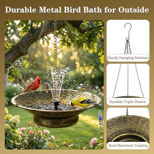 12.6" Hanging Solar Bird Bath Metal for Outside Gold | Hanging Bird Bath with Solar Fountain, Hanging Birdbath Bubbler for Outdoors Backyard Patio Garden Decor - color: Gold