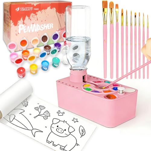 Paint Brush Cleaner Tool,Painting Running Water Circulation Art Supplies,with Brushes,Colors Paint,Watercolor Paper,Paint Station Creative Gift for Kids Girls Adult Artist Beginners - color: Pink