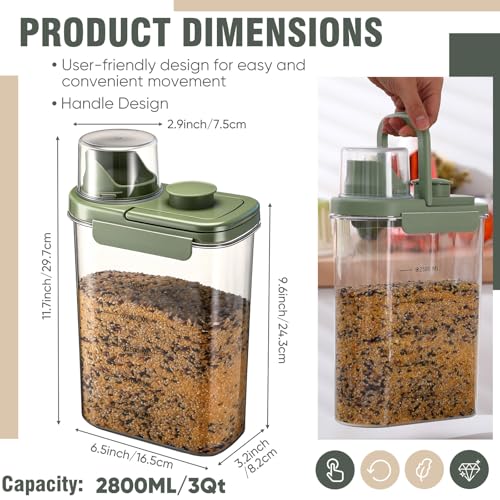 2 Pcs Bird Seed Storage Container 3 Qt/2.8 L with Tight Lids Airtight Cup Pet Food Storage Measuring Containers Lids with Pouring Spouts for Macaws African Grey Cockatoos (Green) - color: Green