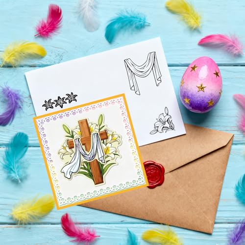 GLOBLELAND Easter Cross Clear Stamps and Metal Die Cuts Spring Flower Transparent Stamp Lily Lace Trim Cutting Dies for Card Making Embossing Scrapbooking - style: Easter Lily Cross