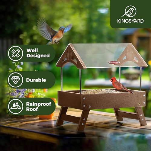 Kingsyard Covered Platform Ground Bird Feeder for Outdoors, Brown | Rain-Resistant Roof, Weather-Resistant Recycled Poly Lumber, Metal Mesh Bottom, Foldable Legs, Tool-Free Assembly - color: Brown