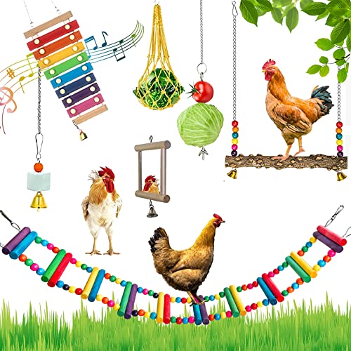 FANFX 7 Packs Chicken Toys Set, Chicken Xylophone Toys for Hens, Chicken Bridge Swing Toys, Chicken Mirror Toys,Chicken Pecking Toys and Vegetable Hanging Feeder for Chicken Coop
