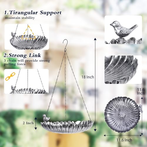 Hanging Bird Bath Outdoors Metal Bird Baths Feeder for Garden Decor | 11.6 Inch Hanging Bird Baths Flower Shape Silver Birdbath Bird Feeder Bowl for Outside, Garden, Lawn Yard Decor