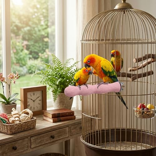 Natural Wood Bird Perch with Beak Grinding Bar, Climbing Standing Stick Cage Toy for Parakeets, Cockatiels, African Grey, Budgies & Small Parrots