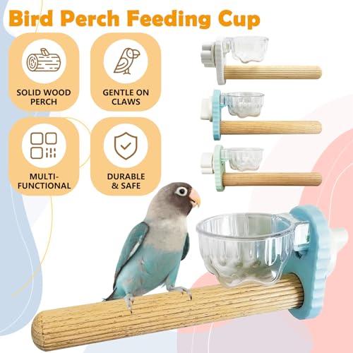 Kathson 3Pcs Bird Perch Feeding Cup Natural Wood Perches with Removable Bird Feeder for Cage Parrot Stand for Parakeets, Budgies, Cockatiels,Parrots, Birds Chewing Stick (Blue) - color: Blue