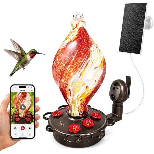 LUJII Smart Hummingbird Feeder with Camera, Hand Blown Glass for Outdoor Hanging, Solar WiFi Feeder with Live View App, 6 Feeding Ports, Leak-Resistant Design, Ant Moat & Gift Box, 28 fl oz, Red - color: Red, size: Large