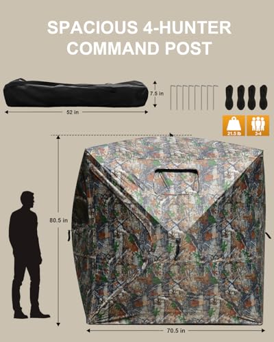 Portable Hunting Blind for 3-4 Persons for Turkey Duck Hunting | 270° See Through Ground Deer Blind with Silent Windows, Windproof Pop Up Blind with Carry Bag, Tent Stakes and Wind Ropes