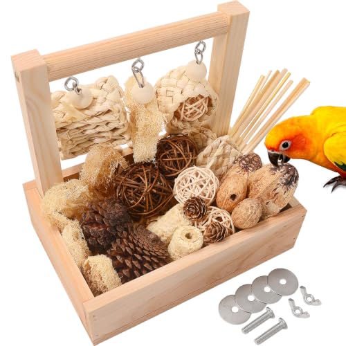 Wooden Bird Parrot Foraging Toys Box with Perch Stand, Cage Accessories