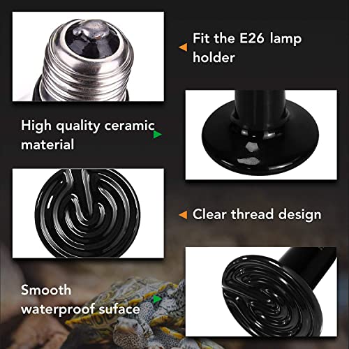 Simple Deluxe 100W Ceramic Heat Lamp Reptile Heat Emitter Heater Lamp Bulb No Light with Free Digital-Thermometer, for Pet Brooder Coop Chicken, Dragon Turtle Lizard Snake Aquarium Tank - size: 1-Pack+Thermometer, style: Black