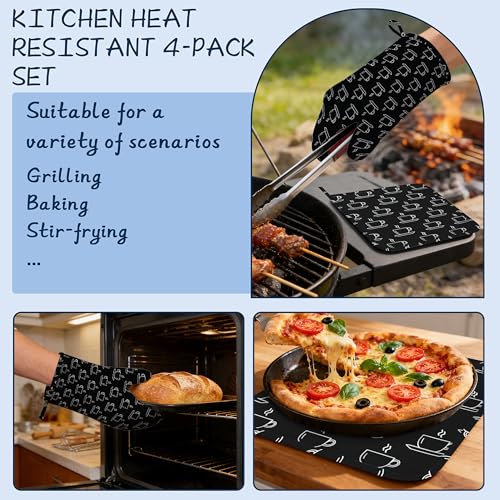 Tea Cups Oven Mitts and Pot Holders Sets,Extra Long Black Kitchen Mittens for Cooking,Thick Cotton Heat Resistant Silicone Cooking Utensils Set for Baking Cooking Grilling - color: Tea Cups