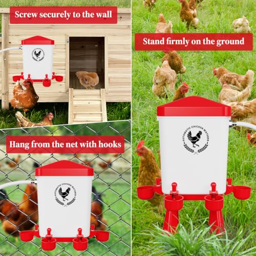 2 Pack 3 Gallon Automatic Chicken Waterer with Float Valve, Poultry Waterer with 10 Chicken Water Cups, 5 FT Water Pipe, Chicken Water Feeder for Coop, Ducks, Hens, Farm, Backyard(Red) - color: Red, size: Auto-2pcs