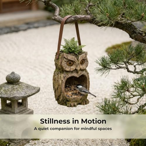 Owl Bird Feeder for Outdoors Hanging, Resin Sculpture Wild Birdfeeders with Lanyard, Decorative Birdhouse for Garden Yard, Weather Resistant Animal Planter for Outside