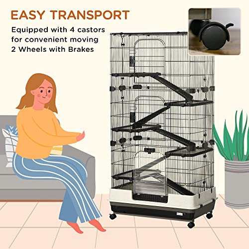 PawHut 59.5" Small Animal Cage with Wheels, 6-Level Portable Bunny Cage, Chinchilla Ferret Cage with Removable Tray, Platform and Ramp | Portable Chinchilla Ferret Cage, Platform, Ramp - size: 53.5"L x 18.0"W x 28.8"H