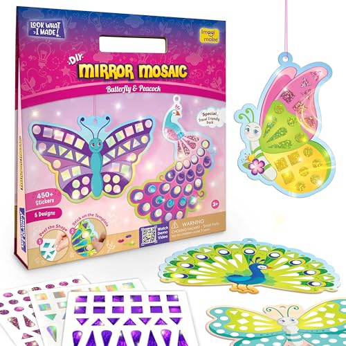 Imagimake Mirror Mosaic - Butterfly & Peacock, 5 Templates, 450+ Stickers | Mess-Free Craft Activity, Screen-Free Creative Art Kit for Kids, Birthday Gift for Boys & Girls Ages 3,4,5,6,7 Years Old - style: 2. Butterfly & Peacock
