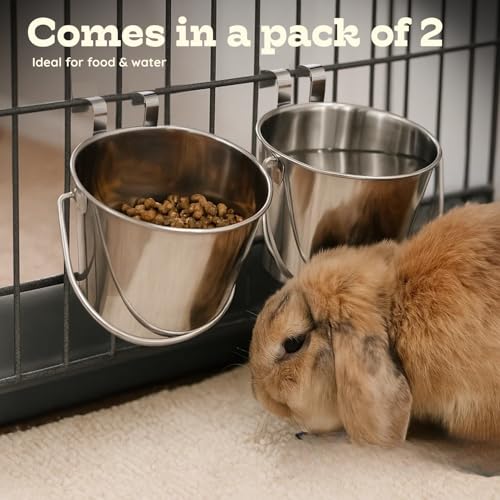 2 Quart Stainless Steel Flat Sided Bucket with Dual Hooks | 2 Pcs Durable Food & Water Bowl for Dog Cats Bird & Small Animals | Fits kennel Cage Crates Hanging Pet Pail | Multipurpose use - size: 2 Quart (Pack of 2)