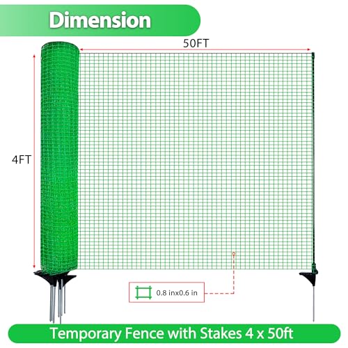 4'x50' Temporary Fence with Posts, Portable Dog Fence Outdoor for Yard | Green mesh with step-in posts, No assembly required, Fencing for yard, Garden fence animal barrier, Snow fence - color: Green, size: 4x50 ft