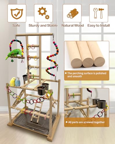 Bird Play Stand, Large Parakeet Playground, Natural Wood Parrot Perch Stand, Birds Play Gym Cockatoos Cage Accessories with Feeder Cups Swings for Cockatiel Budgie Conure