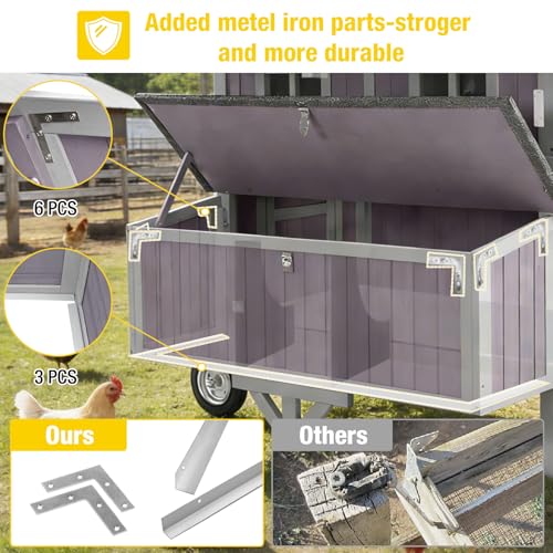 Extra Large Chicken Coop for 4-6 Hens, Mobile Hen House with 8.1" All-Terrain Wheels, Outdoor Poultry Cage with Strong Iron Frame, 3 Nesting Boxes & 3 Perches for Easy Backyard Farm - color: Grey, size: 37.6"L x 48.6"W x 51.2"H
