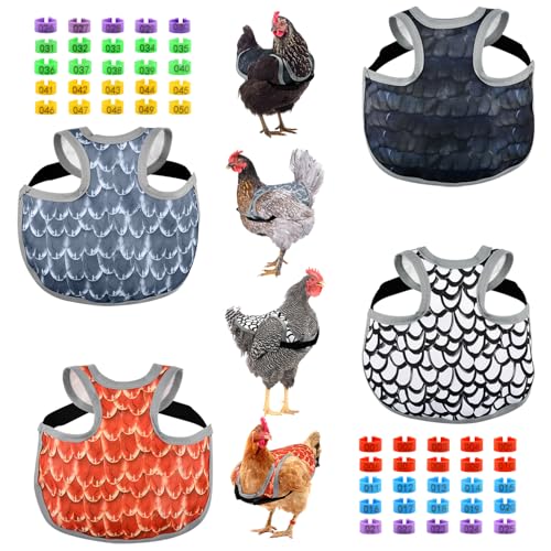 4 Pack Chicken Saddle for Hens, Adjustable Hen Apron with Elastic Straps for Poultry Back Protector, Waterproof Chicken Aprons Vest Jacket for Feather Loss & Mating, 50 Foot Rings
