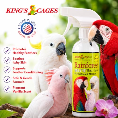King's Cages Rainforest Mist White Spray 17oz. Feather Conditioning Bath Mist Vanilla Scent for Cockatoos and Macaws Parrots - size: Pack of 1