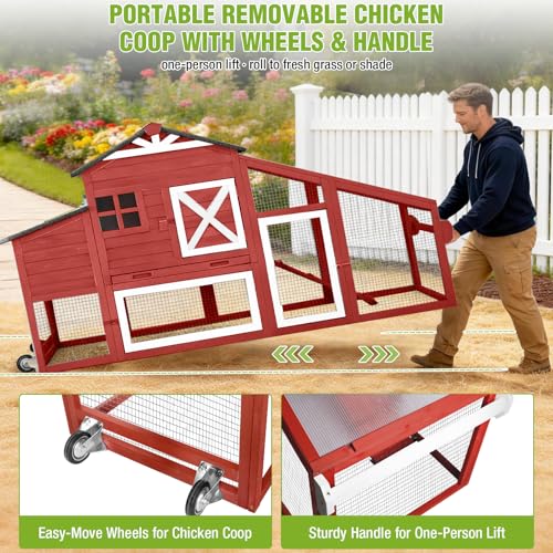 GUTINNEEN Chicken Coop with Wheels for 2-4 Chickens, Large Wooden Outdoor Hen House with Run, Waterproof & UV-Resistant Roof, Removable Leakproof Tray and Divided Nesting Box– Red - color: (Red-AIR32)