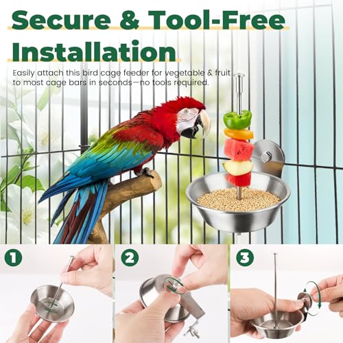 2 Pack Bird Cage Feeder with Skewer for Vegetable & Fruit, Parrot Treats Food Holder with Bowl Dish, No Mess Budgie Parakeet Cockatiel Foraging Toys Cage Accessories