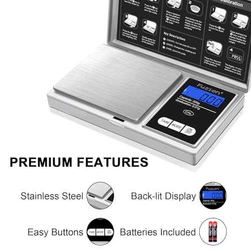 Fuzion Digital Pocket Gram Scale 0.01g x 200g - Jewelry Scale Portable | Easy of Use, Tare Function, 6 Modes Ounces Grains, Batteries Included, Mini Scale for Jewelry, Coins, Herb, Small Food - color: Silver