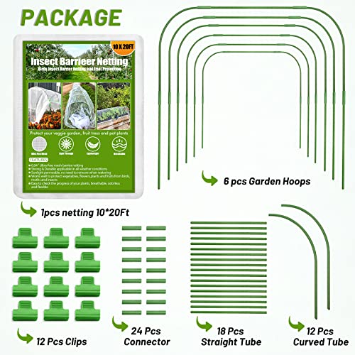 67pcs Garden Mesh Netting Kit, 6 Sets Wide Garden Hoops with Garden Covers | 10x20 ft Bird Netting & 12 Clips, Garden Protection for Raised Beds, Greenhouse, Vegetable Plants, Flowers, Animals - color: White+green