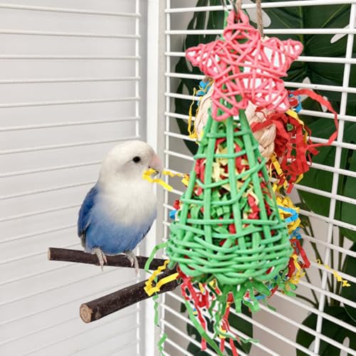 Foraging Toys with Extra Shredded Paper, Parakeet Chewing Hanging Toy, Bird Cage Accessories for Conure Cockatiel Budgies Lovebird Parrotlet - color: GREEN CONE