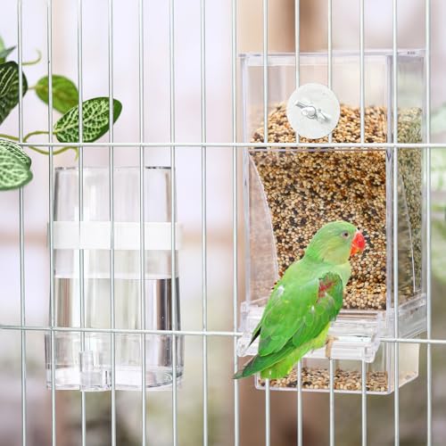 Novabright 7 Pcs No Mess Bird Feeder Water Dispenser Set Include Automatic Parakeet Feeder and Drinker with Bird Paw Grinding Stick Cage Accessories for Small Medium Cockatiel Lovebird(Classic,Clear) - color: Clear, style: Classic