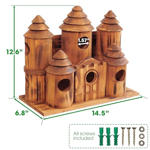 MIXUMON Wooden Bird Houses for Outside – 8 Rooms Castle-Style Bird House, Carbonized Pine Rustic Finish, 1.57" Entrance Holes, Decorative Outdoor Bird Nesting Box (Rustic, 8 Rooms)