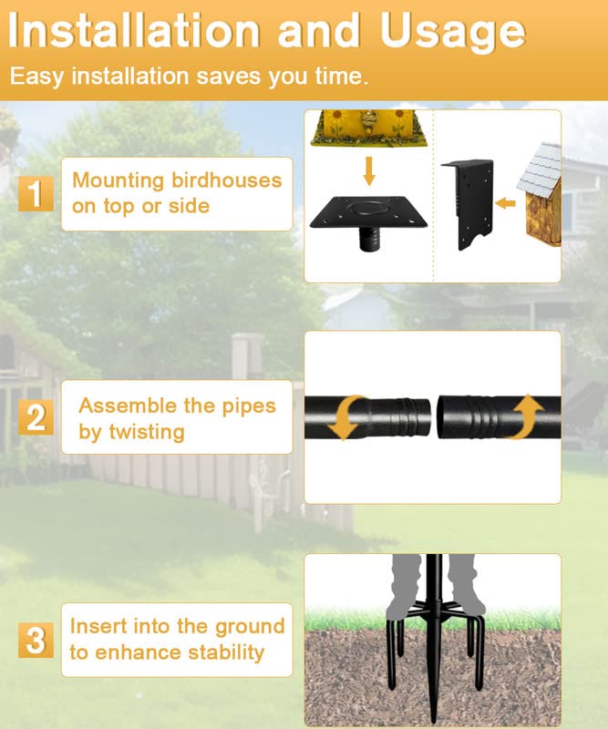 90Inch Heavy Duty Bird House Pole Mount Kit with Frosted, Bird Feeder Pole Kit with 5 Prongs Base and 2 Plates, for Outdoor, Yard, Garden, Black(Birdhouse Not Include) - color: black