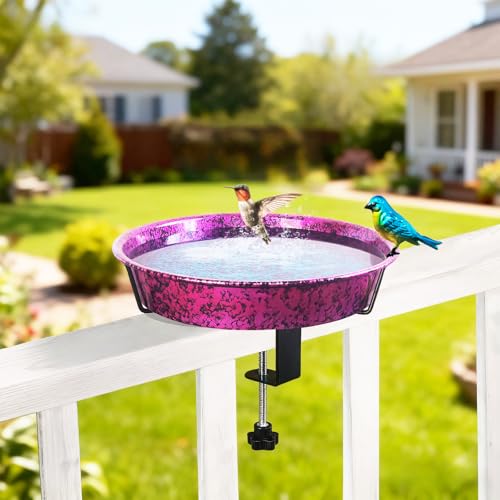 Metal Deck Bird Bath for Balcony Railing, Metallic Purple & Blue 11.5” Bathing Bowl & Feeder with Adjustable Steel Clamp Outdoor Garden Decor Yard Art (0.7 Gallon) - color: Metallic Purple/Blue