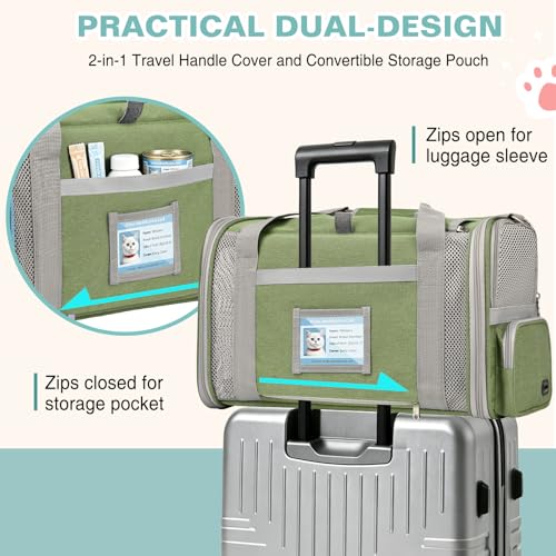 Cat Carrier Airline Approved Privacy Portable Top Load Pet Travel Bag | Soft Sided Pet Carriers for Small Cats Dogs Puppy up to 16 Lbs,Collapsible,Zipper Lock,Luggage Sleeve,2 Storage,Washable - color: Grass Green