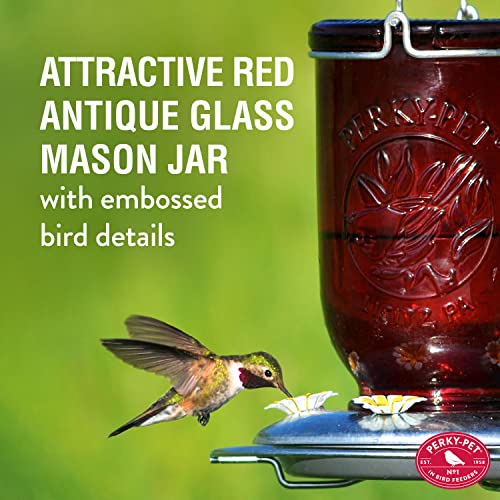 Perky-Pet Red Mason Jar Vintage Glass Hummingbird Feeder - Outdoor Garden Décor - 32-oz capacity, 786-1SR - color: Red Mason Jar