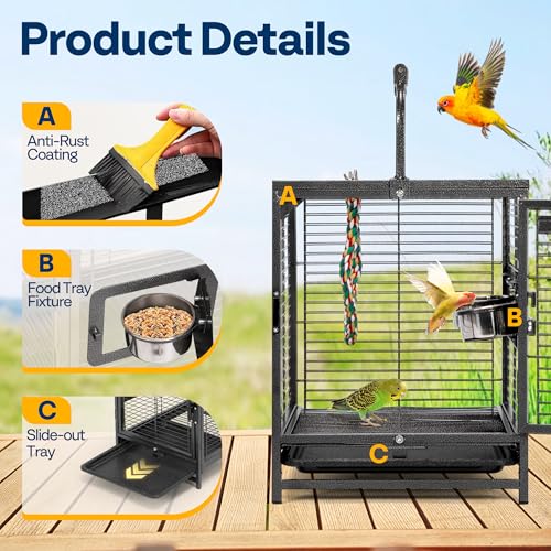 VIVOHOME 19 Inch Wrought Iron Travel Bird Cage for Cockatiel Parakeets | Bird Travel Carrier Cage with Wooden Handle/Perch, Slide-out Tray for Small Parrots Conures Lovebirds Canaries Finches, Black - color: Black