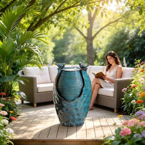 Autodaya 25" H Jar Ceramic Outdoor Water Fountain with LED Lights and Birds | Elegant Turquoise Glaze with Bubble-Like Texture, Decorative Garden Water Feature, cascading water flow for yard sanctuary - color: 25"h Turquoise