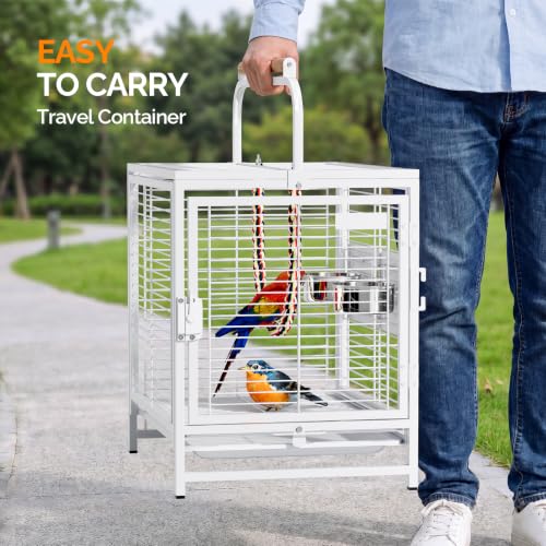 VINGLI Small Bird Cage, 19 inch Travel Carrier Bird Cage with Handle, Wrought Iron Parakeet Cage with Wooden Perch for Parrot Lovebirds Finches Small/Medium Birds (White) - color: White