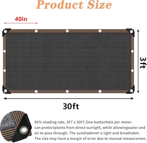 Shade Cloth for Plants Greenhouse, 80-90% Sunblock Shade Sails for Outdoor Garden Pergola Patio Lawn, Easier to Hang Sun Protection Neting Cover for Kennel Chicken Coop, 3x30 FT - size: 3'x30'