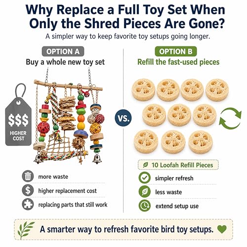 Parrot Shredding Chew Foraging Toys, 10pcs Loofah Chewing Parrot Toys, Bird Cage Shredder Toy, Bird Toy for African Grey Macaws Cockatoos Cockatiel Conure (10 Loofah Slices)