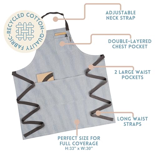 Chef Aprons for Women with Pockets, Adjustable Bib Aprons for Cooking - color: Blue Pinstriped